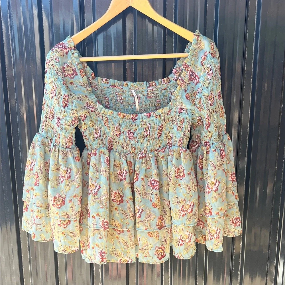 Free People Floral Smocked Blouse Blue Green Pink Red Flowers Flowy Fairy Boho - Picture 3 of 8